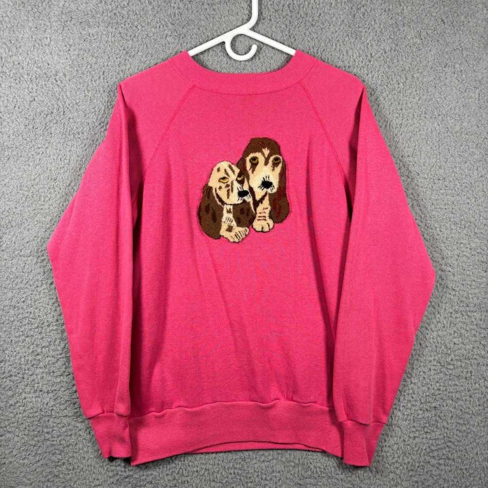 VTG Ultra Sweats Sweatshirt Women M Pink Basset Hound Chenille Patch Raglan USA